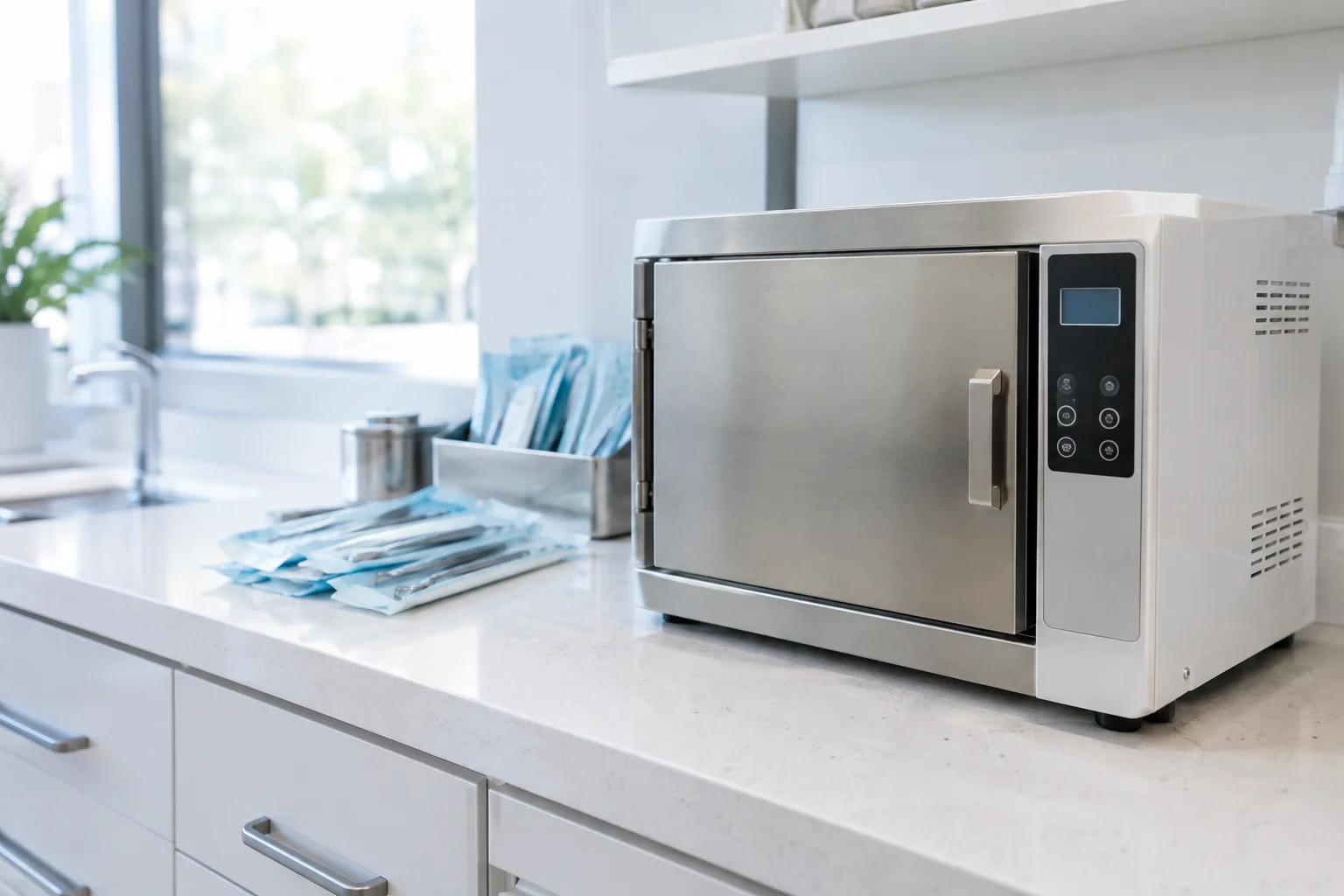 High-heat dental sterilizer on an office counter